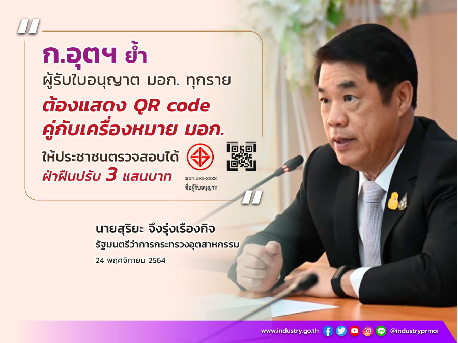 ก.อุตฯ ย้ำผู้รับใบอนุญาต มอก. ทุกราย ต้องแสดง QR code คู่กับเครื่องหมาย มอก.ให้ประชาชนตรวจสอบได้ ฝ่าฝืนปรับ 3 แสนบาท
