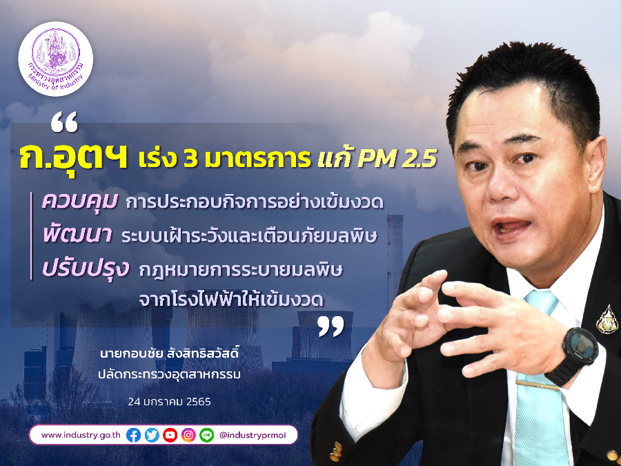 ก.อุตฯ เร่ง 3 มาตรการ แก้ PM 2.5 ควบคุมการประกอบกิจการอย่างเข้มงวด พัฒนาระบบเฝ้าระวังและเตือนภัยมลพิษปรับปรุงกฎหมายการระบายมลพิษจากโรงไฟฟ้าให้เข้มงวด