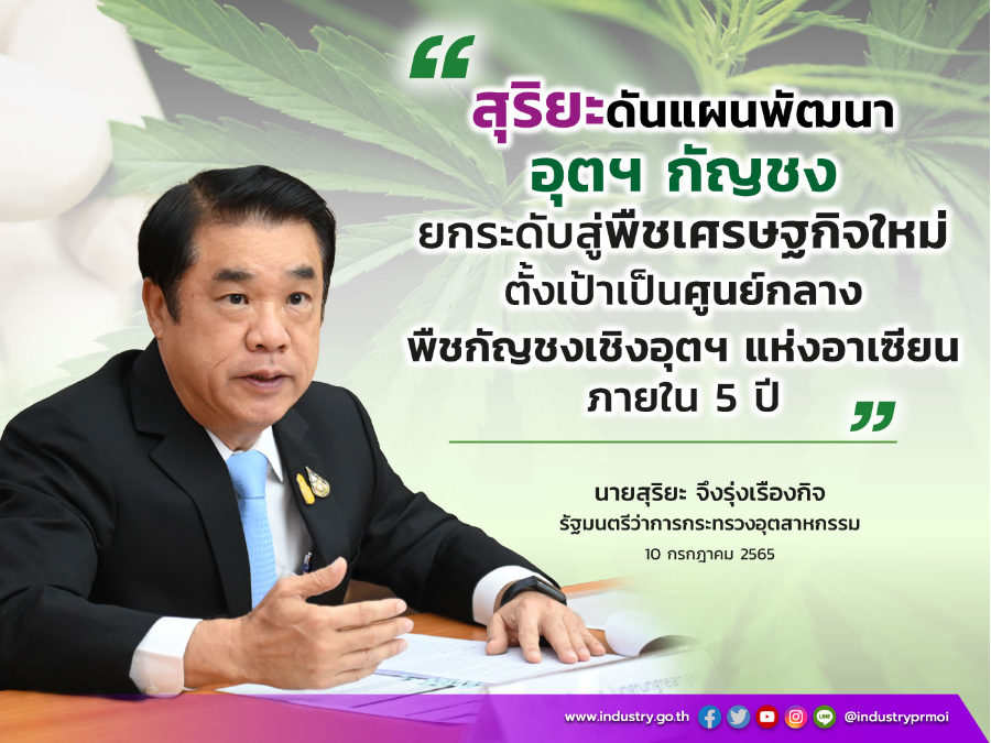 สุริยะดันแผนพัฒนาอุตฯกัญชง ยกระดับสู่พืชเศรษฐกิจใหม่ ตั้งเป้าเป็นศูนย์กลางพืชกัญชงเชิงอุตฯแห่งอาเซียนภายใน 5 ปี