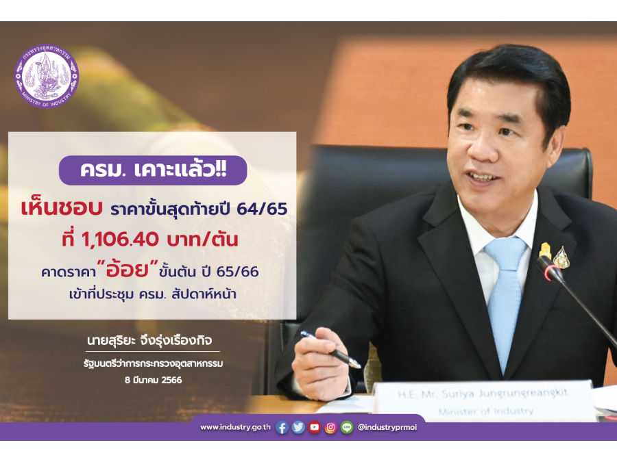 เคาะแล้ว!! ครม. เห็นชอบราคาขั้นสุดท้ายปี 64/65 ที่ 1,106.40 บาท/ตัน คาดราคาอ้อยขั้นต้น ปี 65/66 เข้าที่ประชุม ครม. สัปดาห์หน้า