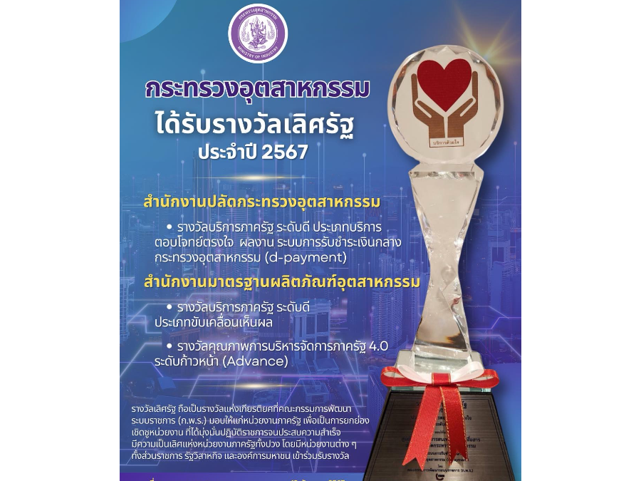 กระทรวงอุตสาหกรรม ได้รับรางวัลเลิศรัฐ ประจำปี 2567